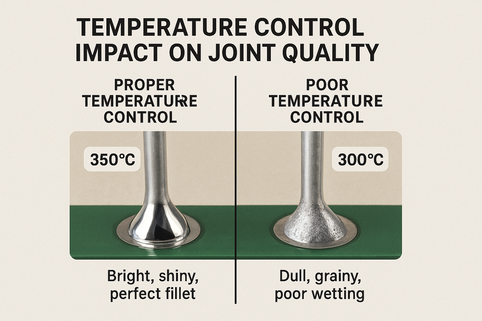 Create a comparison image in 1024x1024 square format showing two solder joints side by side - one created with proper temperature control (b