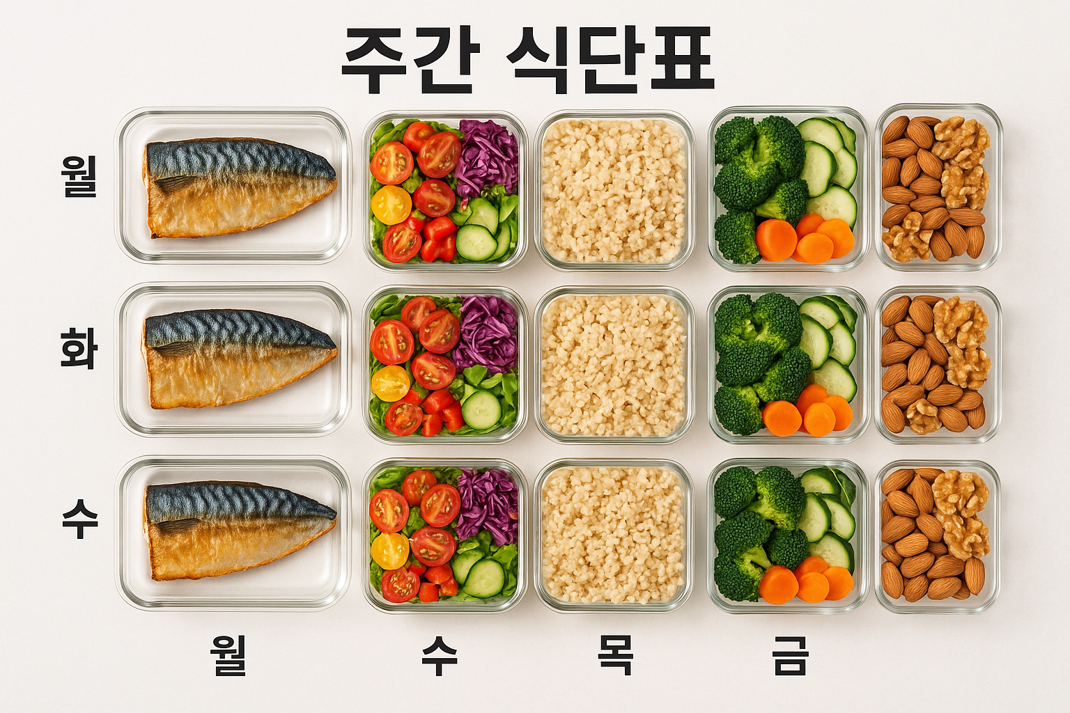 1024x1024 square image showing a weekly meal prep layout. Top-down view of organized glass containers with different healthy meals: grilled 