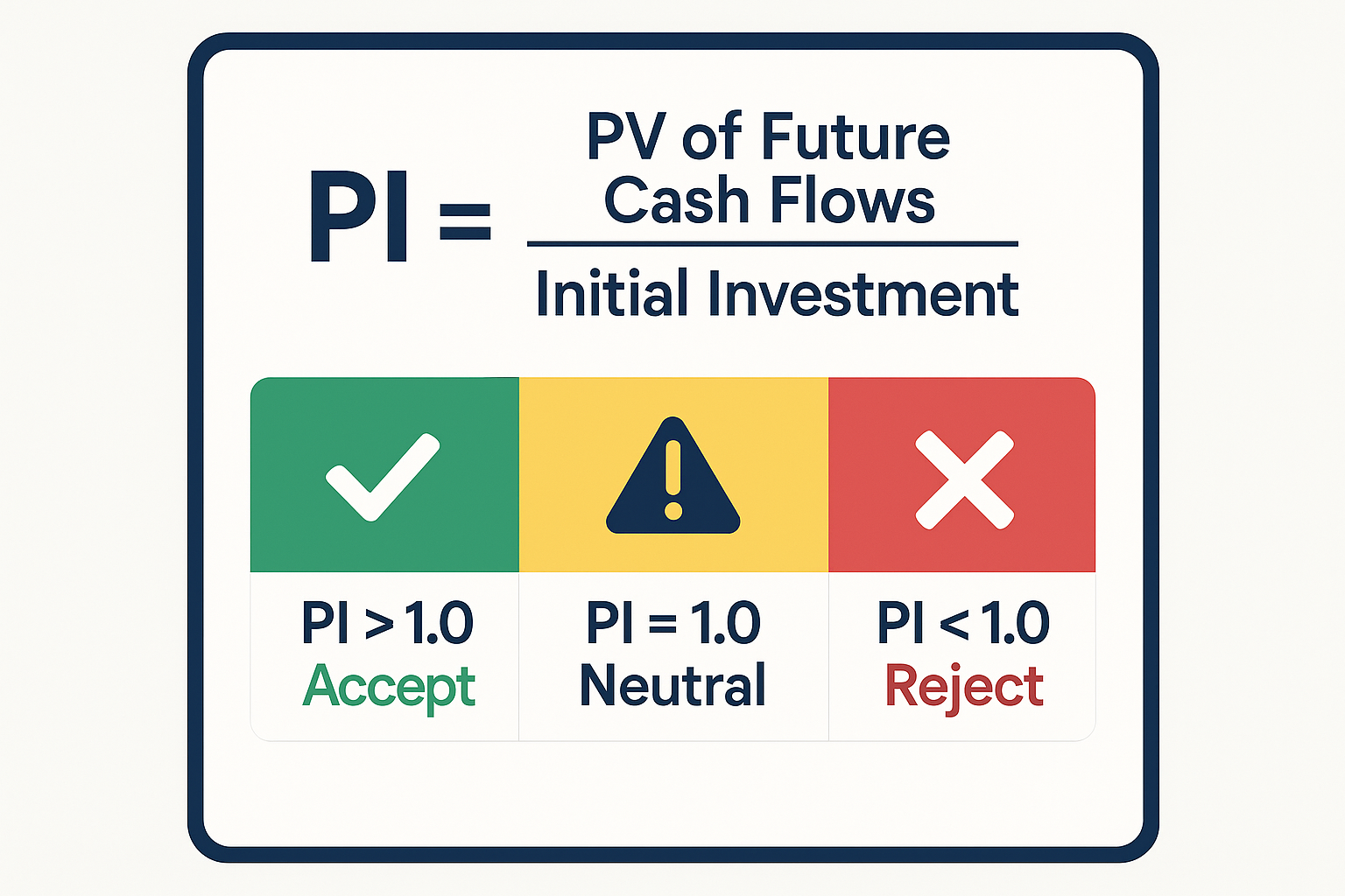 Square 1024x1024 A clean infographic showing the Profitability Index formula. Center displays "PI = PV of Future Cash Flows ÷ Initial Invest