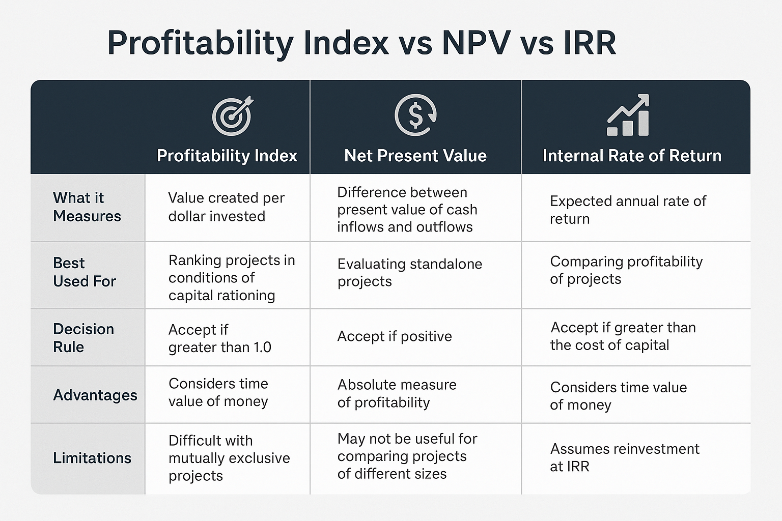Landscape 1536x1024 A detailed comparison table infographic titled "Profitability Index vs NPV vs IRR" at the top in bold text. Three-column