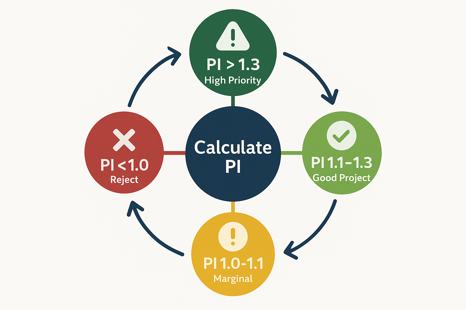 Square 1024x1024 A circular decision-making flowchart for using Profitability Index. Center circle contains "Calculate PI". Four arrows poin