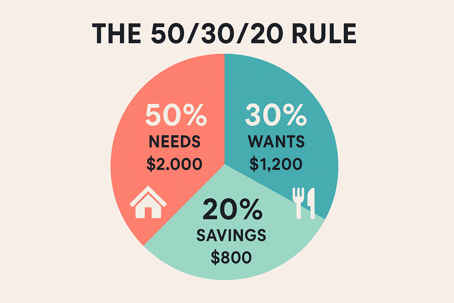 Infographic (1536x1024 landscape): The 50/30/20 Budget Rule visualization. Large circular pie chart divided into three colored segments: 50%