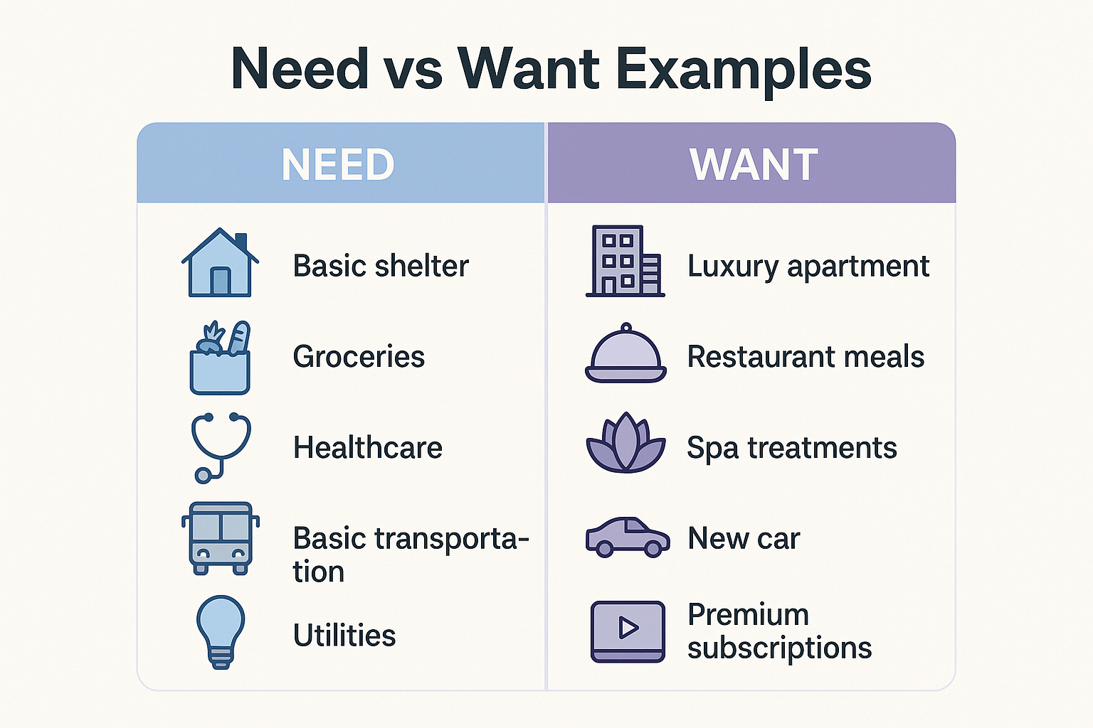 Comparison chart (1024x1024 square): Two-column visual comparing "NEED" vs "WANT" examples. Left column (needs) in blue tones shows: basic s