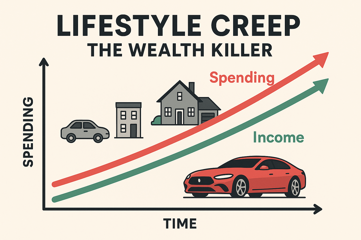 Lifestyle creep illustration (1536x1024 landscape): Visual representation of income vs spending over time. Graph showing two ascending lines