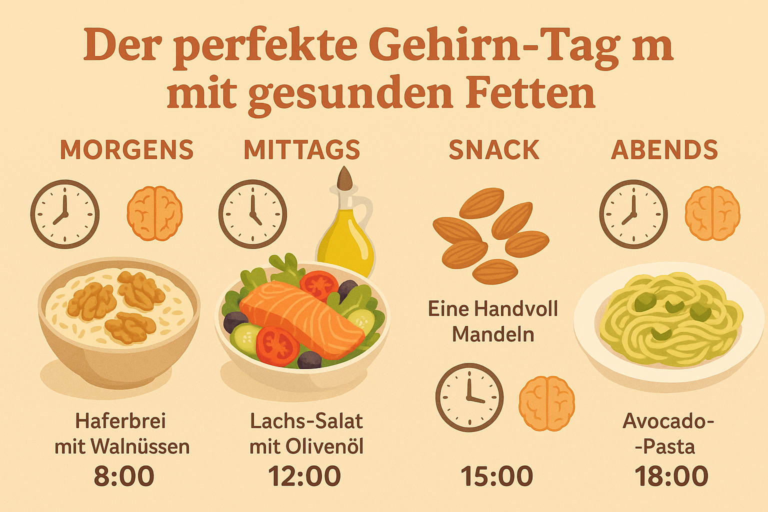 Fittes Gehirn mit gesunden Fetten. Eine tägliche Ernährung als Beispiel. Infografik. 