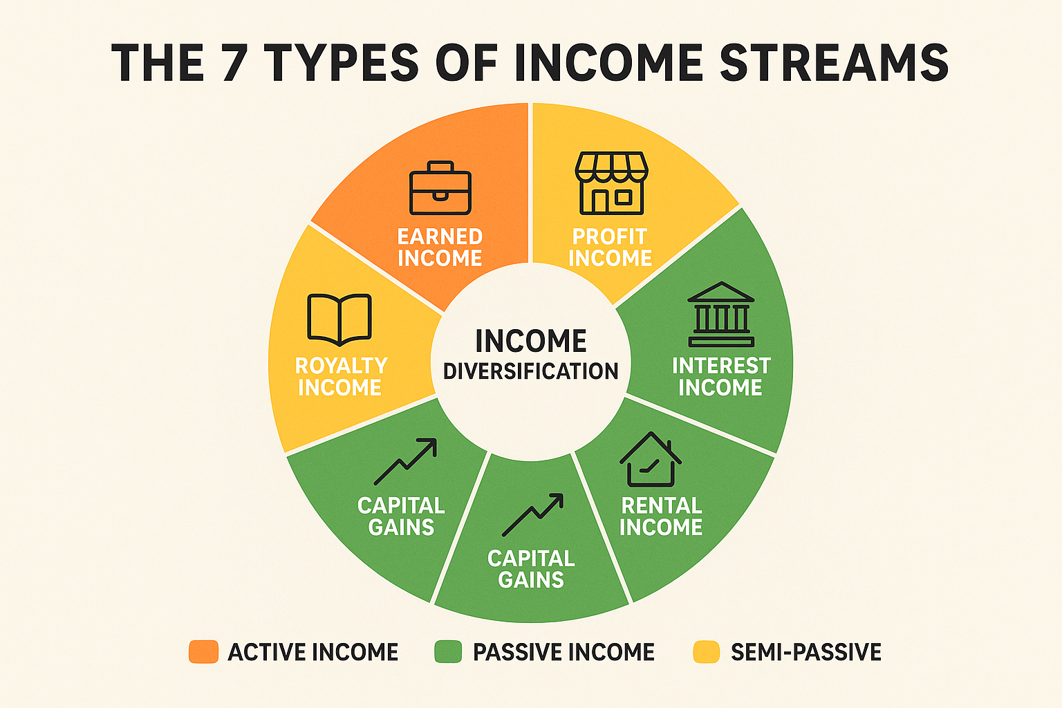 Infographic in 1536x1024 landscape format showing "The 7 Types of Income Streams" as a circular diagram. Center circle contains "Income Dive