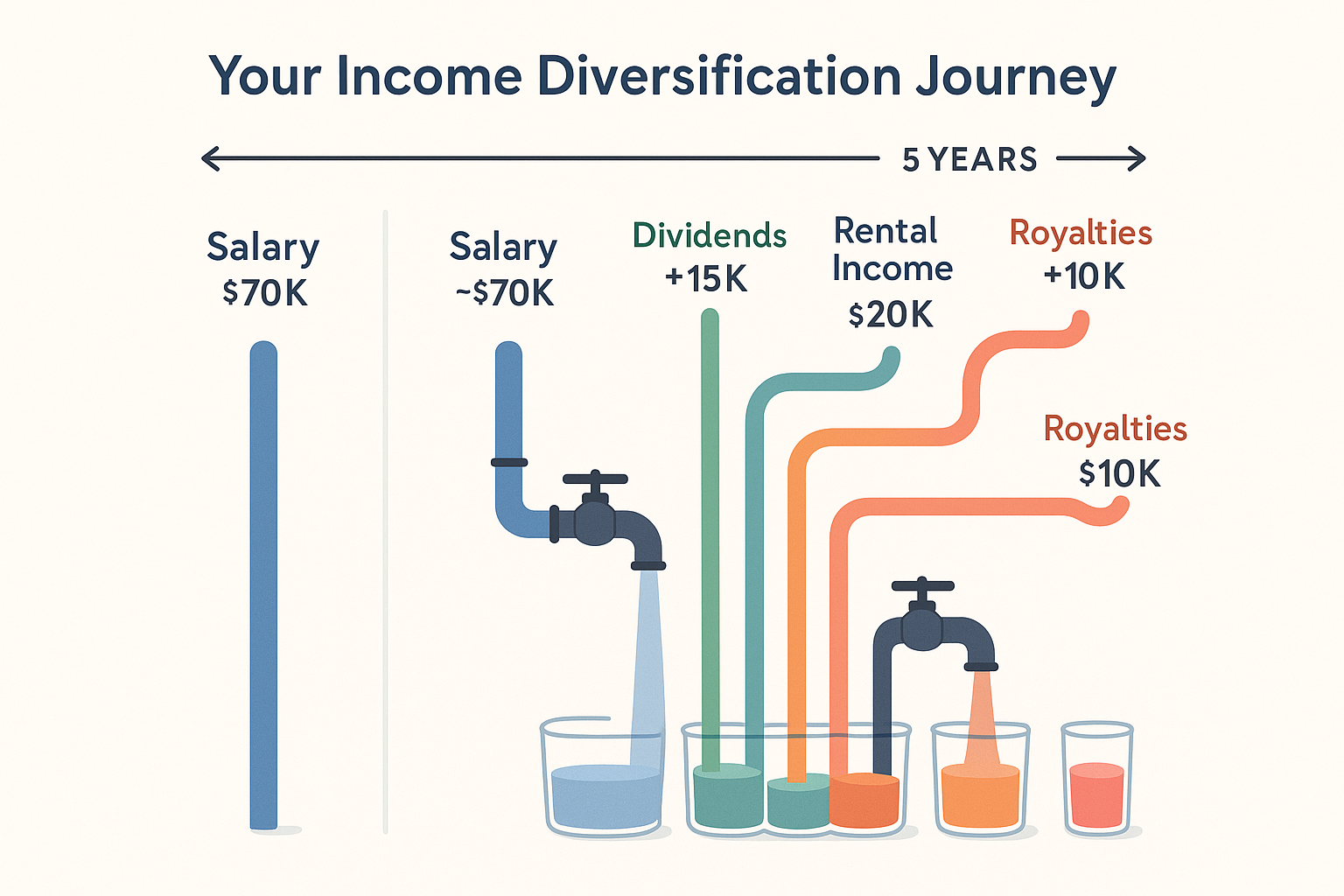 Square 1024x1024 illustration showing a person's income journey timeline. Visual representation of progression from 1 income stream to 5 str