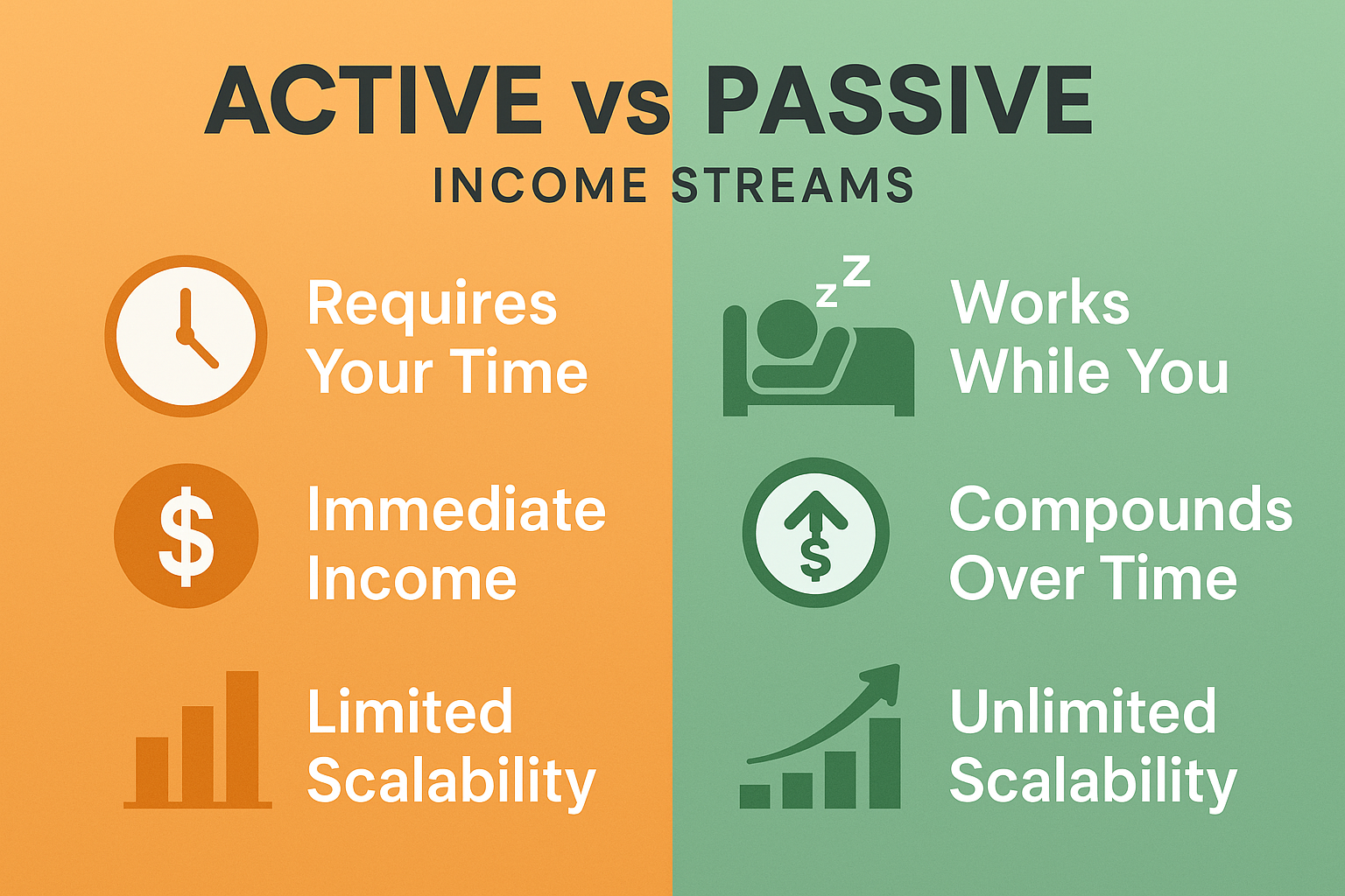 Landscape 1536x1024 comparison chart titled "Active vs Passive Income Streams" split down the middle. Left side (orange background) shows ac