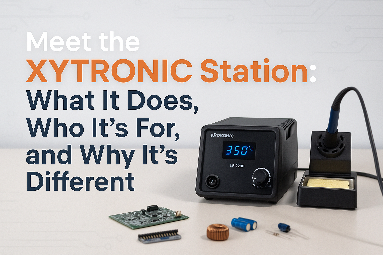 Create a professional cover image in 1536x1024 landscape format showing a sleek XYTRONIC soldering station on a clean workbench with electro