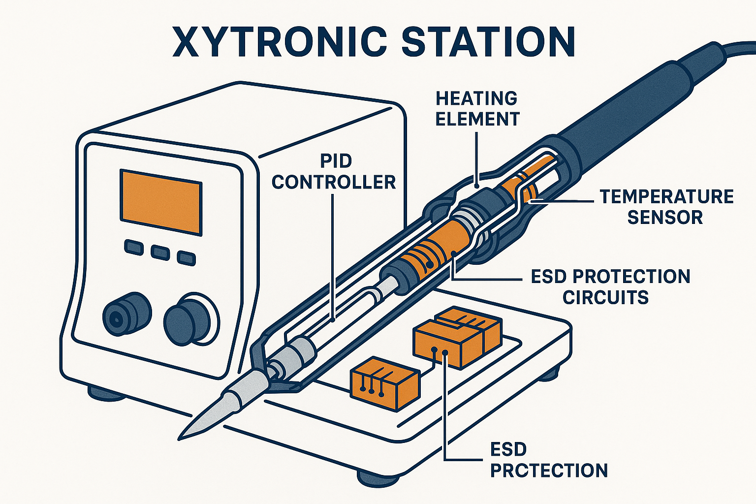 Create a technical diagram in 1024x1024 square format showing the internal components and technology of the XYTRONIC Station. Include labele