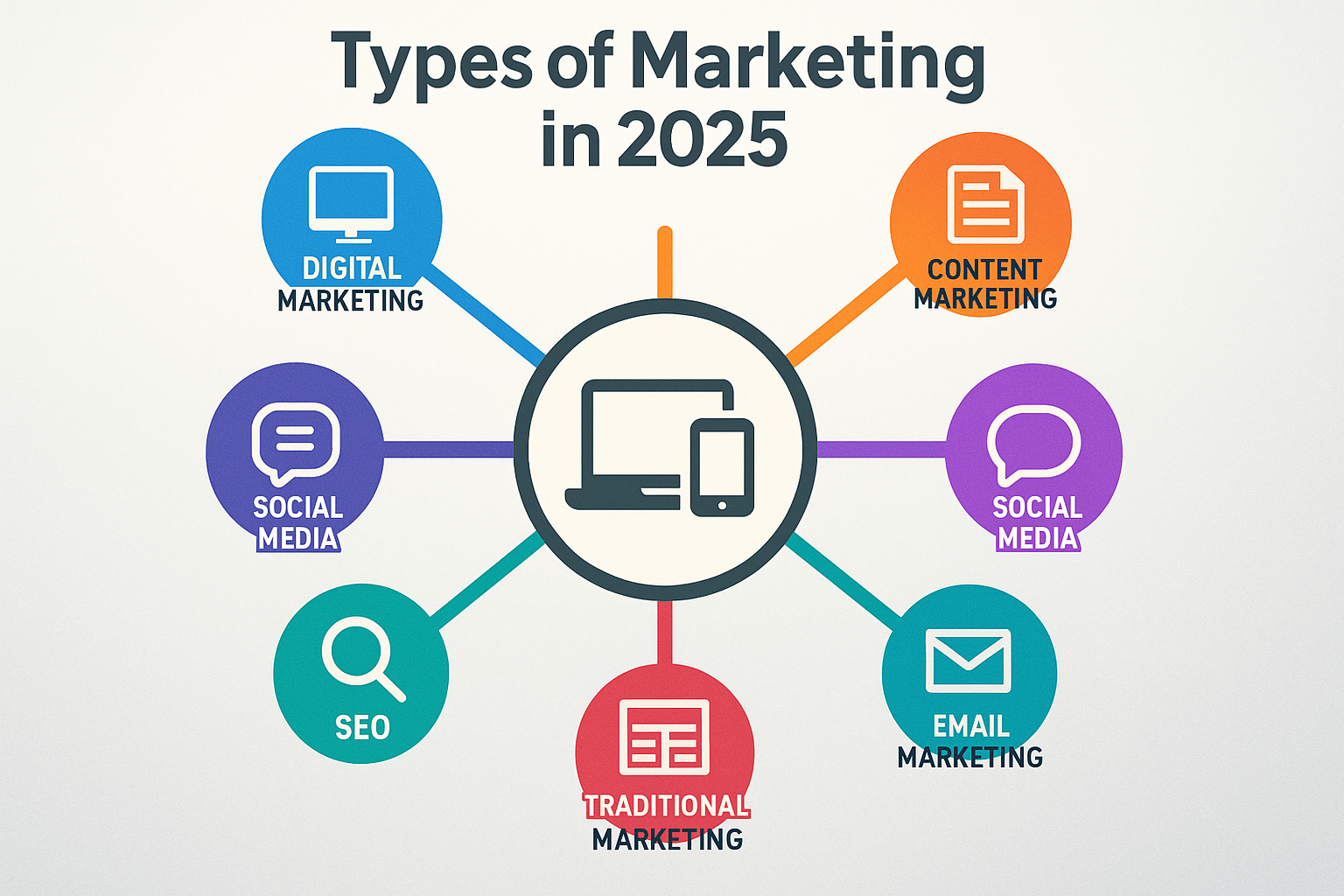 Create a square illustration (1024x1024) showing "Types of Marketing in 2025". The image features a central hub-and-spoke design with a larg