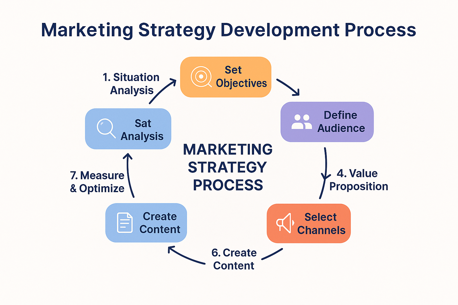 Create a landscape infographic (1536x1024) titled "Marketing Strategy Development Process". Show a circular flow diagram with seven connecte