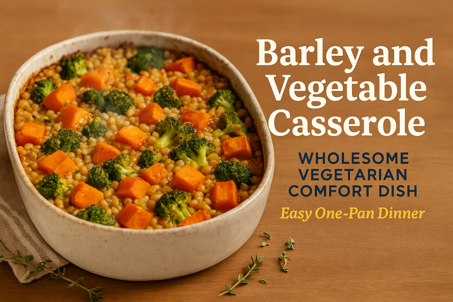 Create a landscape 1536x1024 cover image featuring a beautiful, steaming barley and vegetable casserole in a rustic ceramic baking dish, pho