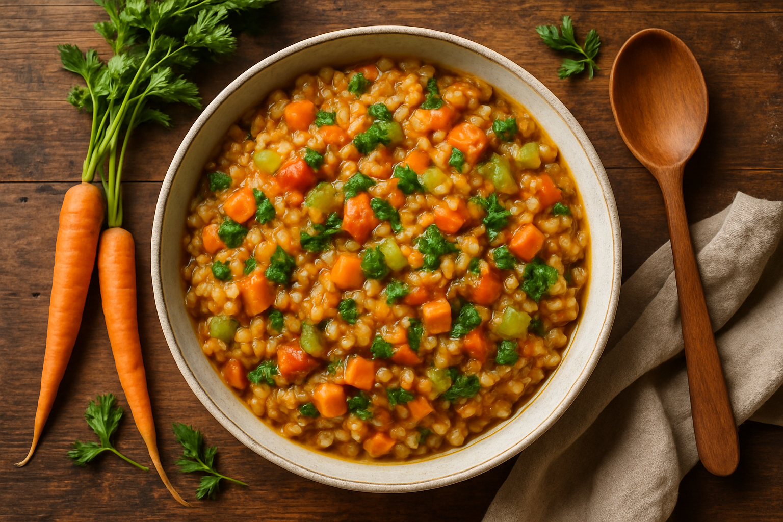 Create a 1024x1024 square image showing a beautifully styled bowl of barley and vegetable casserole from above, garnished with fresh parsley