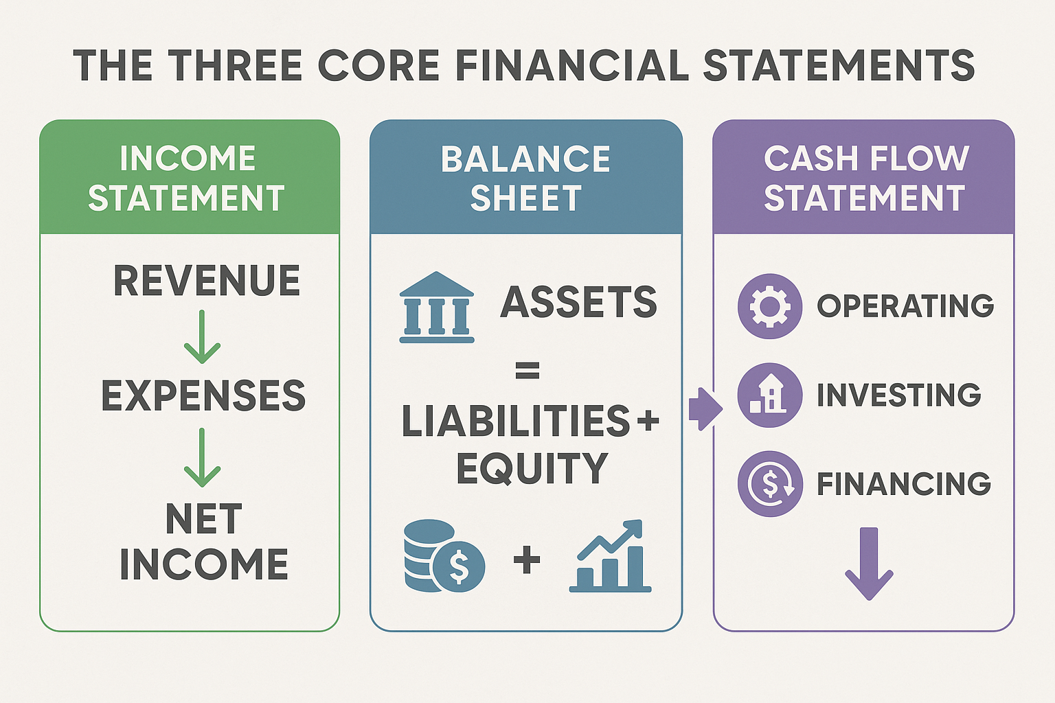 Infographic in 1536x1024 landscape format showing the three core financial statements side by side. Left section: Income Statement with reve