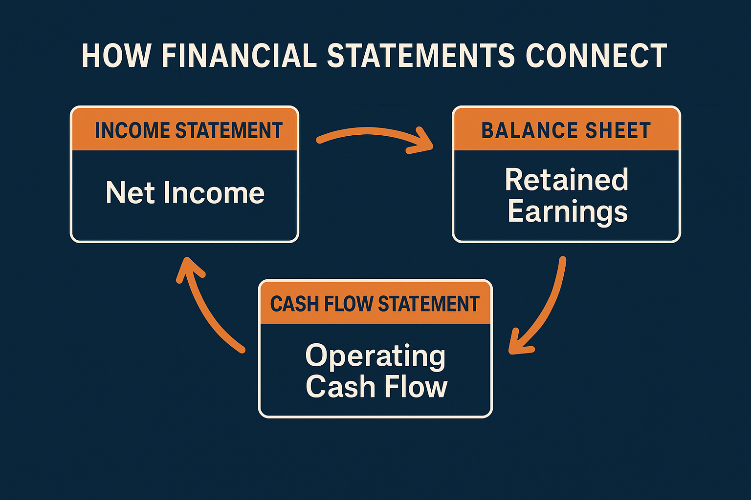 Visual diagram in 1536x1024 landscape format illustrating how the three financial statements connect. Show arrows connecting Net Income from
