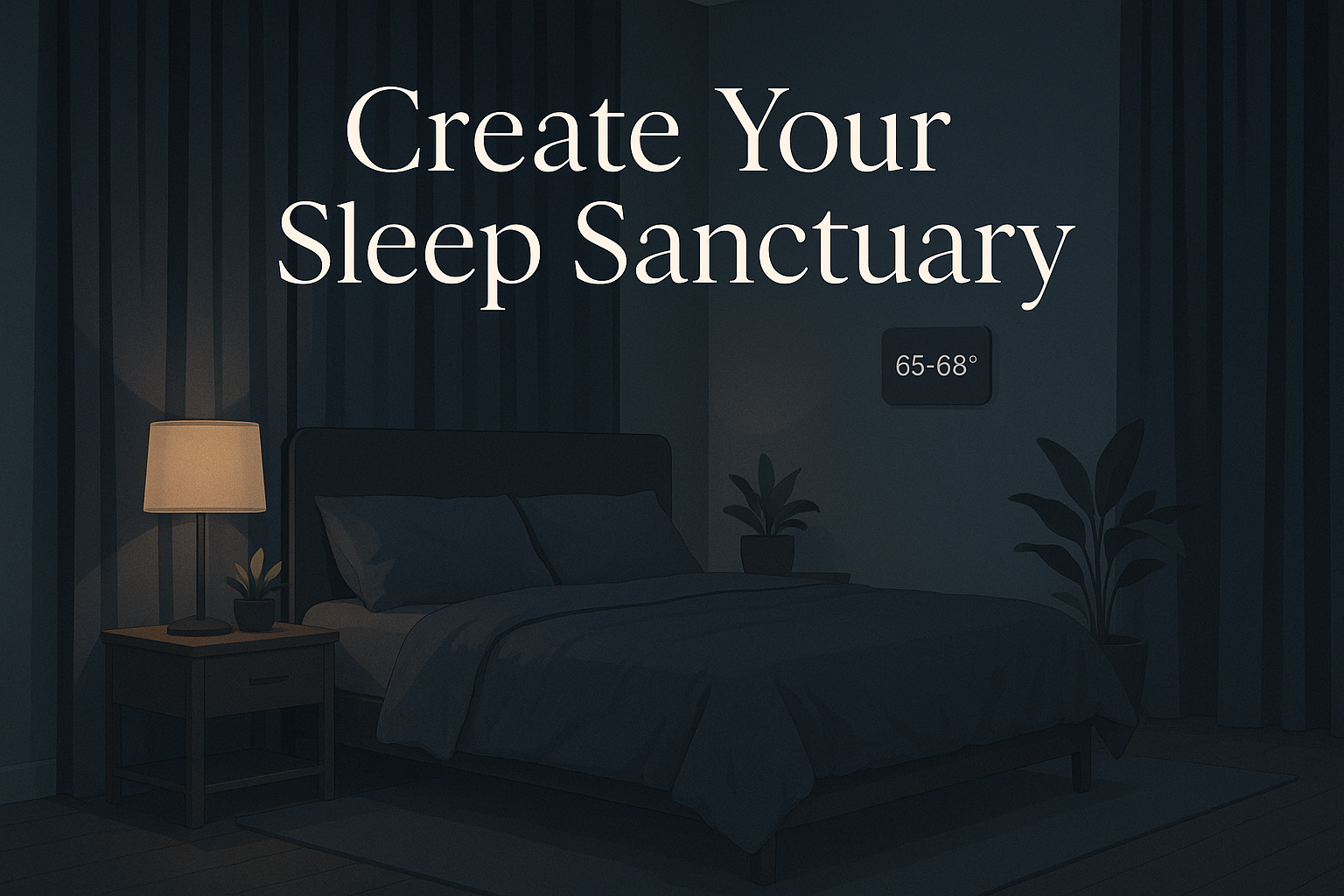 Create a 1024x1024 square image illustrating the perfect sleep environment. Show a cozy, dark bedroom with blackout curtains, a comfortable