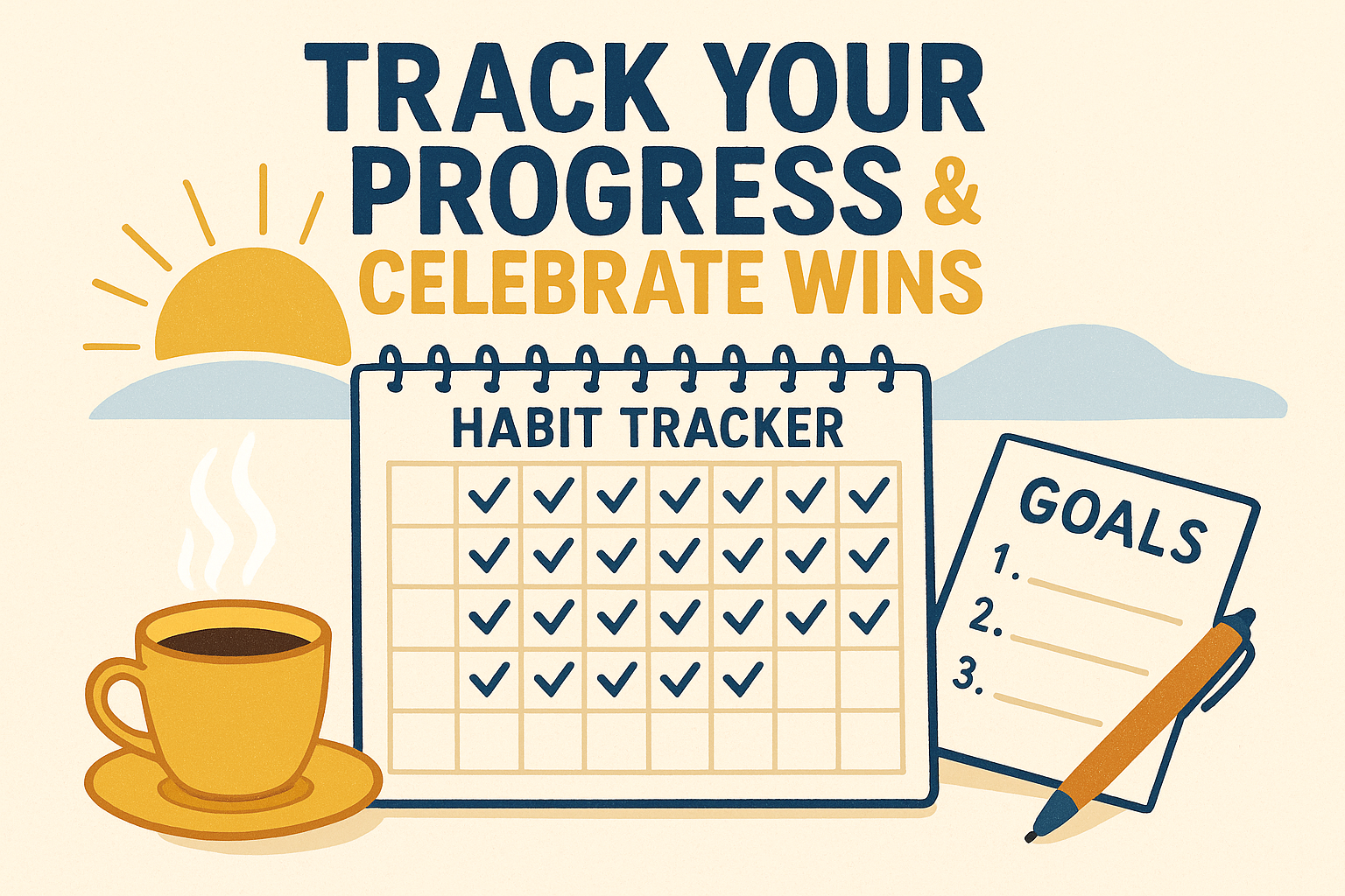 Create a 1024x1024 square motivational image featuring a habit tracking calendar with checkmarks, surrounded by inspirational elements like