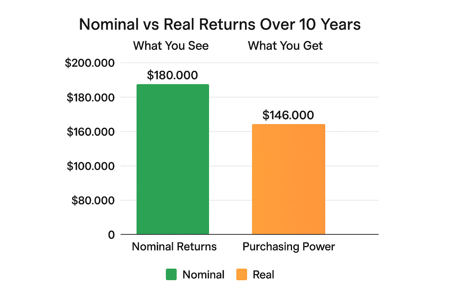 Create a 1024x1024 square comparison chart titled "Nominal vs Real Returns Over 10 Years". Show two bar graphs side by side - one showing no