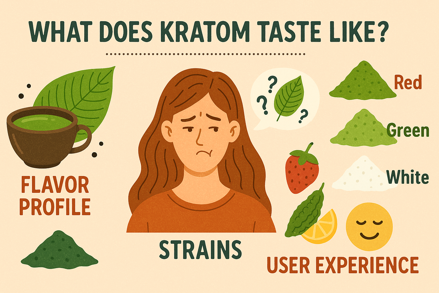 Illustration for: What Does Kratom Taste Like? Flavor Profile, Strains & User Experience