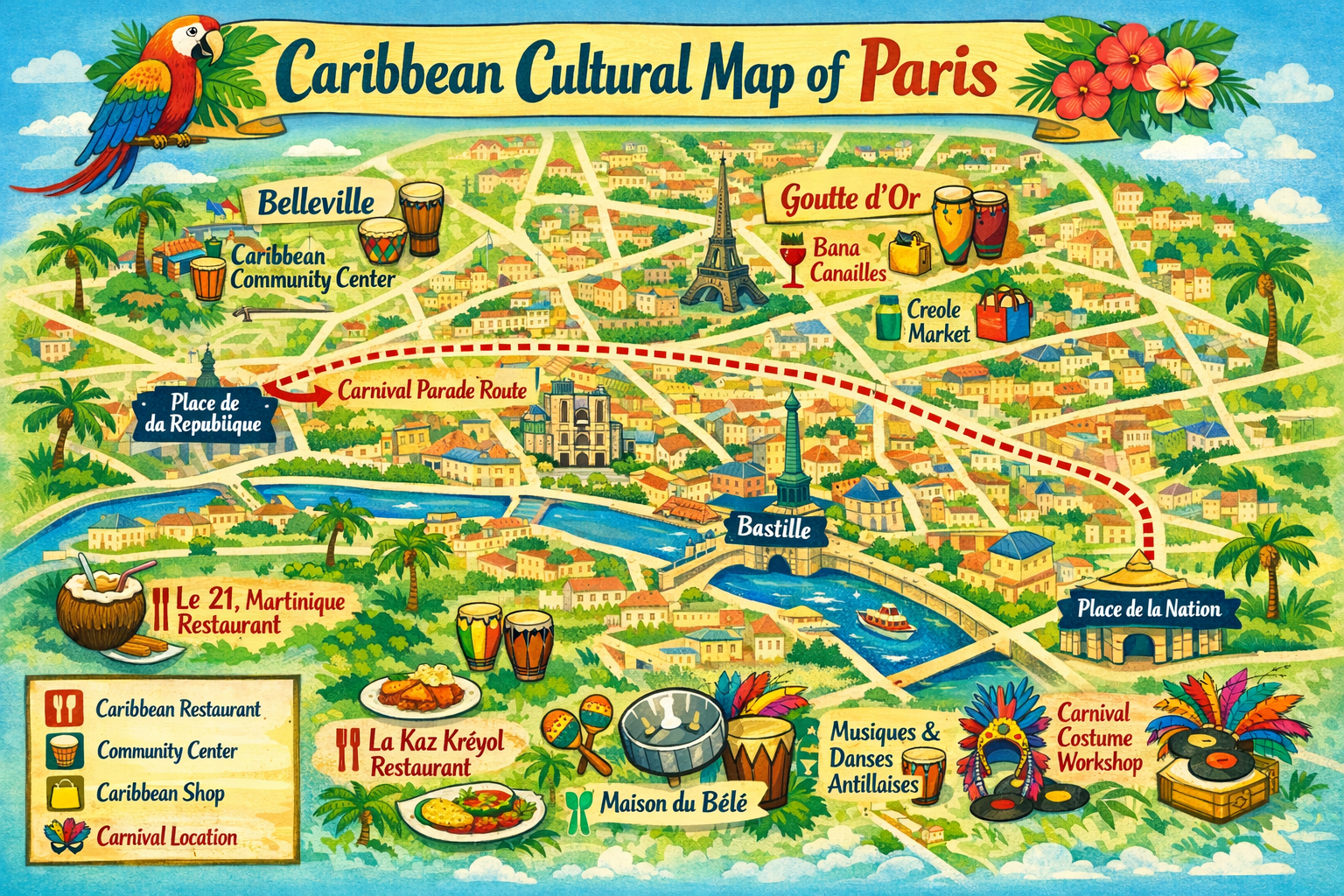 Caribbean Cultural Map of Paris - 1536x1024 landscape format Design an illustrated map of Paris highlighting Caribbean cultural areas, resta