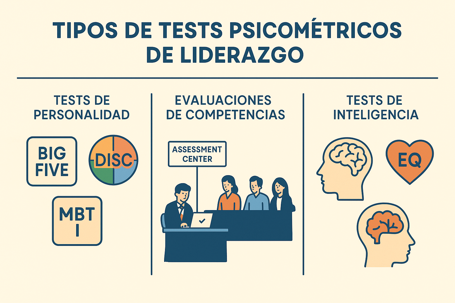 Infographic in 1536x1024 landscape format displaying "Tipos de Tests Psicométricos de Liderazgo" with three main categories: Tests de Person