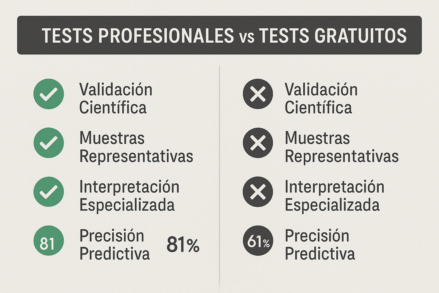 Landscape 1536x1024 comparison infographic titled "Tests Profesionales vs Tests Gratuitos". Split design showing two columns with checkmarks