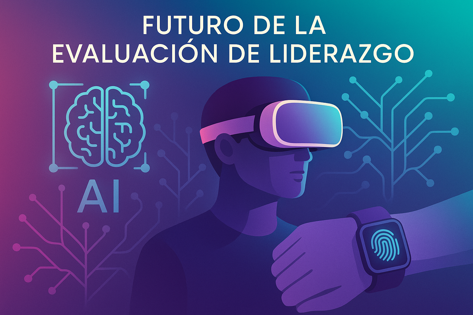 Square 1024x1024 futuristic illustration showing emerging trends in leadership assessment. Display elements like AI brain, VR headset, neura