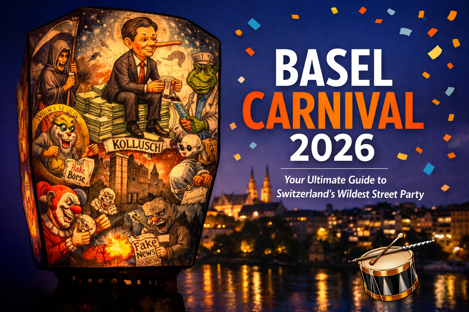 Cover image in 1536x1024 landscape format. Background shows the atmospheric Basel Old Town at night with the illuminated Münster cathedral a