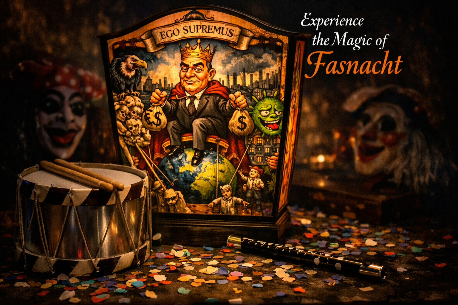 Square 1024x1024 artistic photograph-style image of traditional Basel carnival elements. Center shows a detailed close-up of a beautifully p