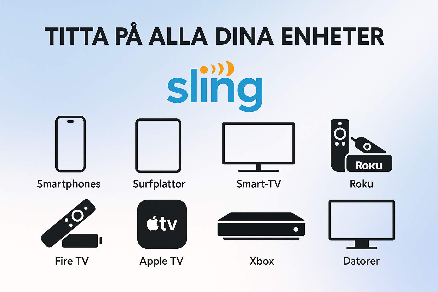 Create a landscape visualization (1536x1024) showing all supported devices for Sling TV. Display icons of smartphones, tablets, smart TVs, R