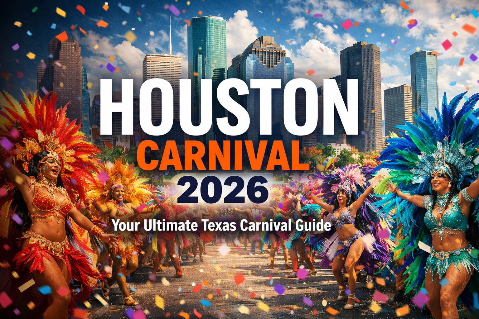 Create a vibrant landscape cover image (1536x1024) showing a spectacular Houston carnival parade scene with colorful feathered costumes in t