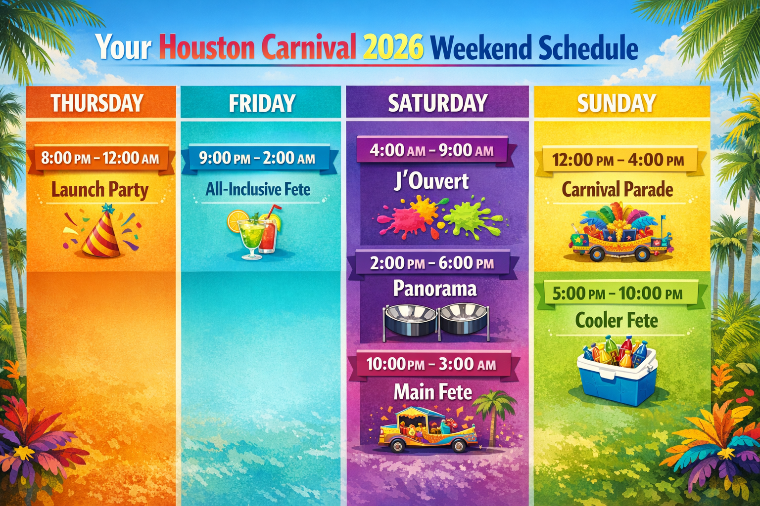 Create a detailed infographic in landscape format (1536x1024) showing a visual timeline of Houston Carnival 2026 weekend. Display Thursday t