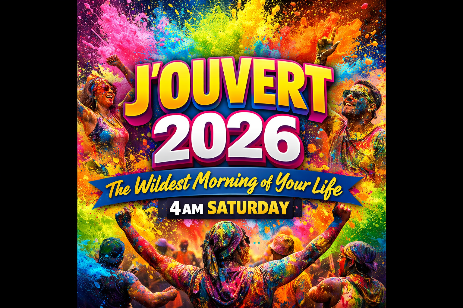 Create a vibrant square image (1024x1024) featuring J'Ouvert celebration elements. Show paint powder in various bright colors (pink, blue, y