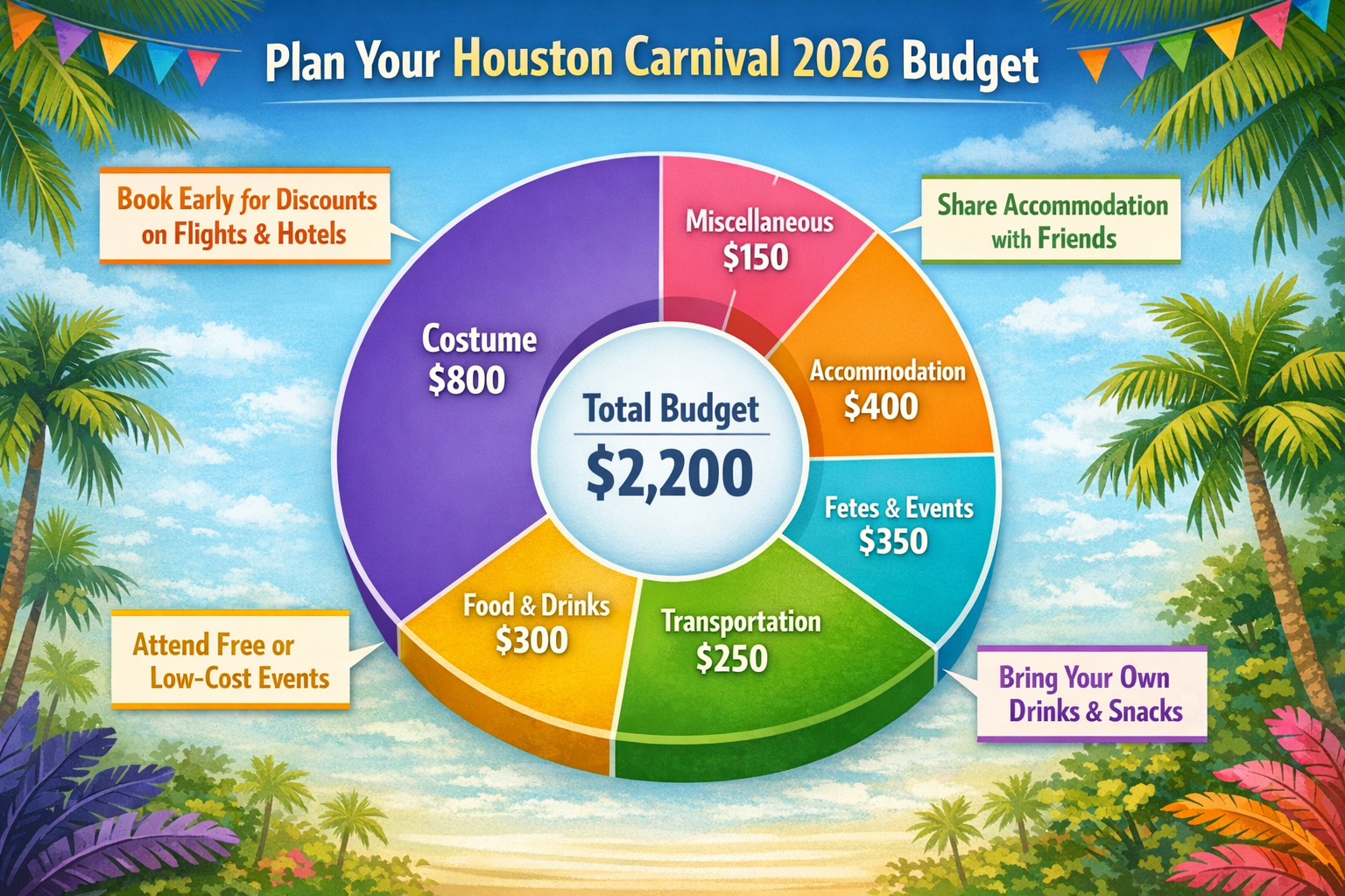 Create a landscape infographic (1536x1024) showing a visual budget breakdown for Houston Carnival 2026. Use a pie chart or stacked bar chart