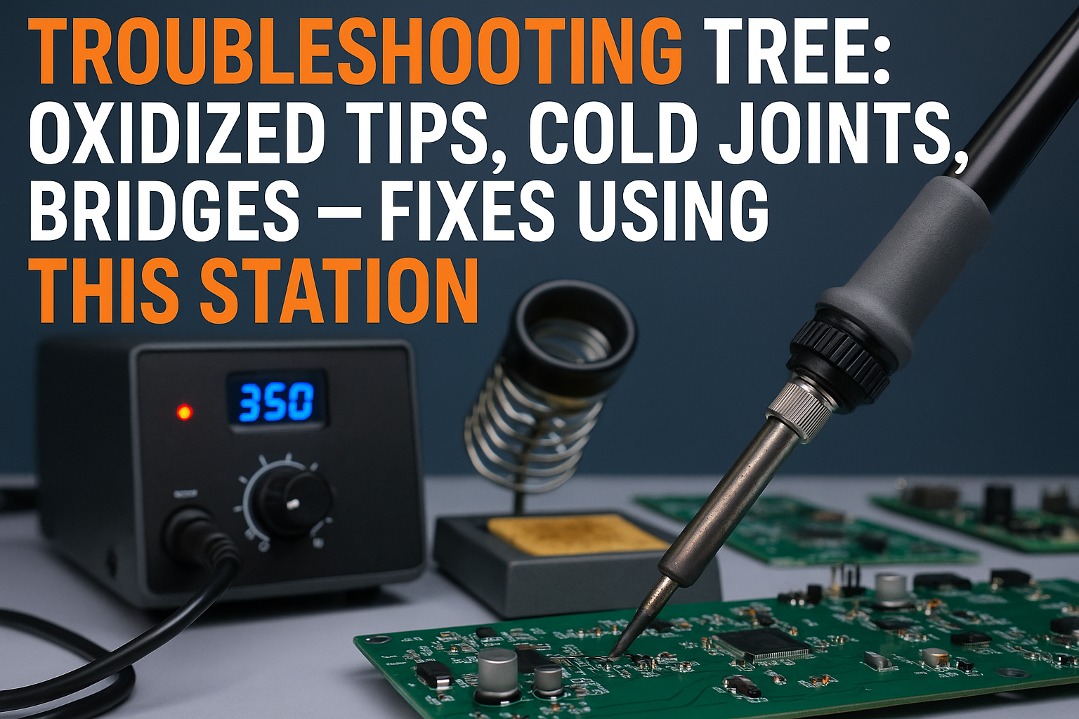 Create a professional cover image in 1536x1024 landscape format showing a close-up of a soldering station with an iron tip working on a circ