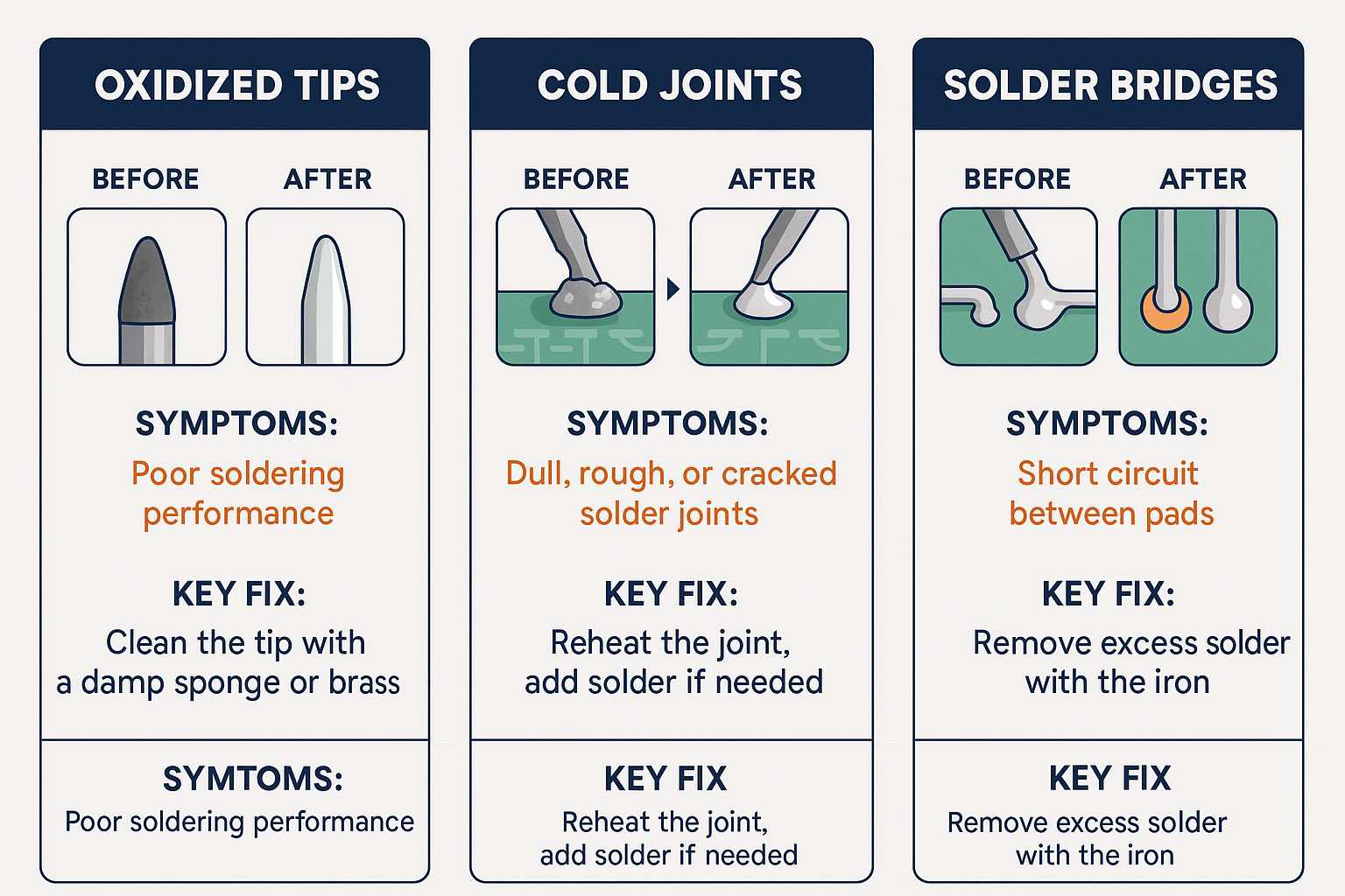 Create a detailed infographic in 1536x1024 landscape format showing three columns comparing oxidized tips, cold joints, and solder bridges. 