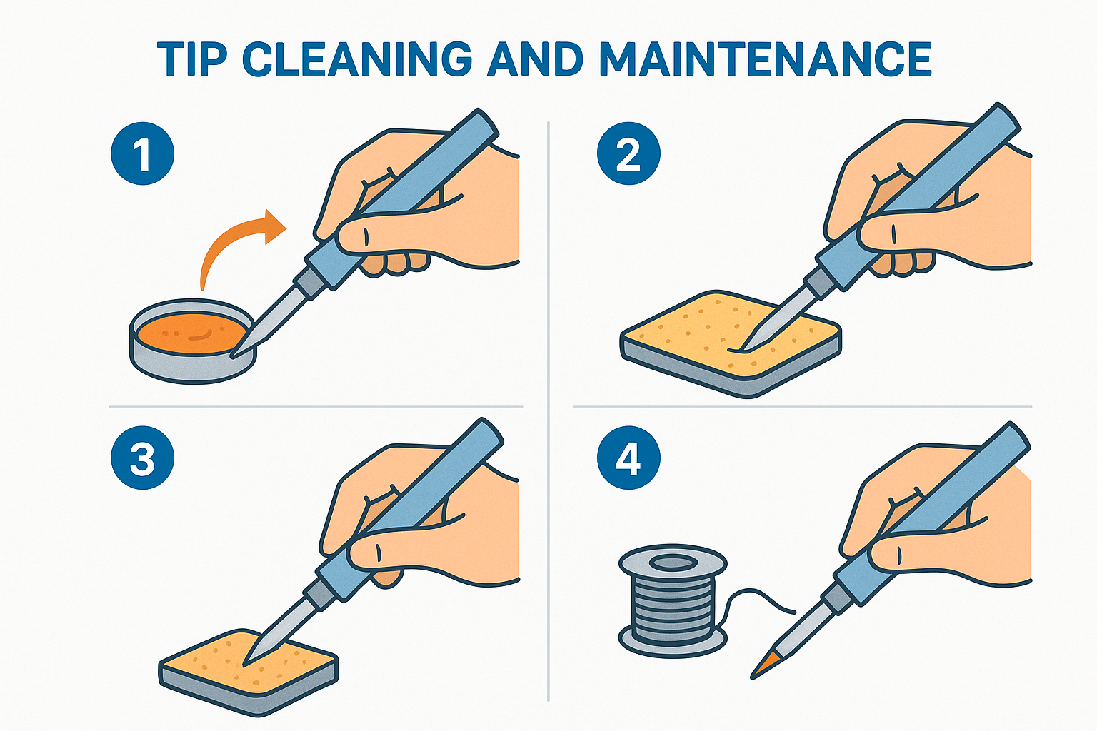 Create a square 1024x1024 image showing a step-by-step visual guide for tip cleaning and maintenance. Include 4-6 numbered steps with clear 