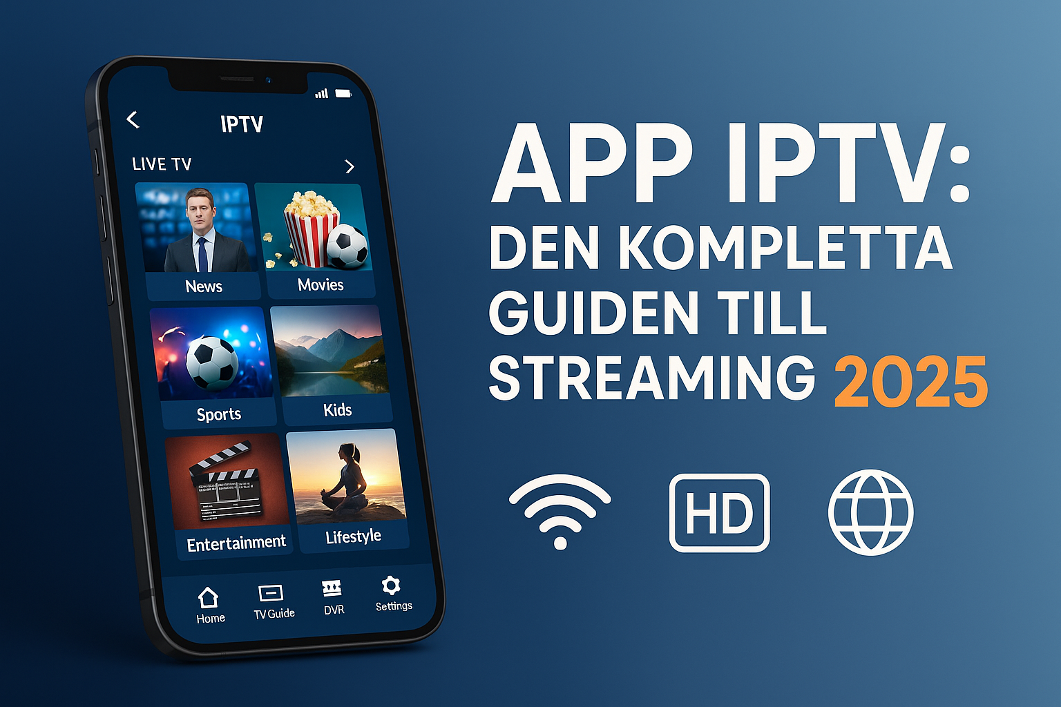 Create a landscape cover image (1536x1024) with a modern smartphone in the foreground displaying a vibrant IPTV app interface with multiple