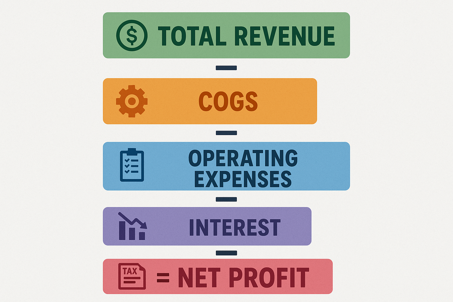 Infographic in 1536x1024 landscape format showing the net profit formula breakdown. Visual flowchart style with boxes and arrows. Top shows