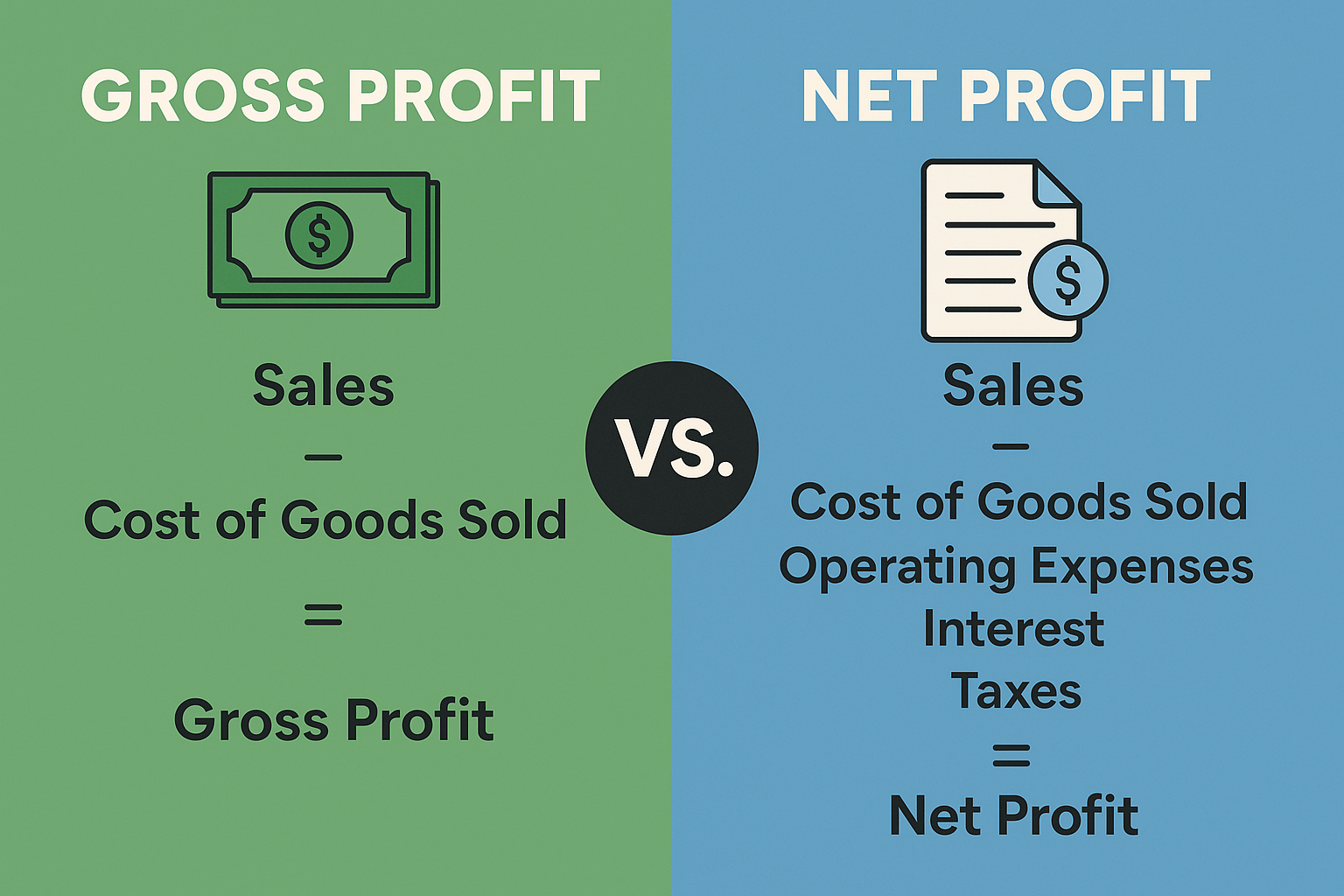 Comparison infographic in 1536x1024 landscape format showing "Gross Profit vs Net Profit" side by side. Left side shows gross profit calcula