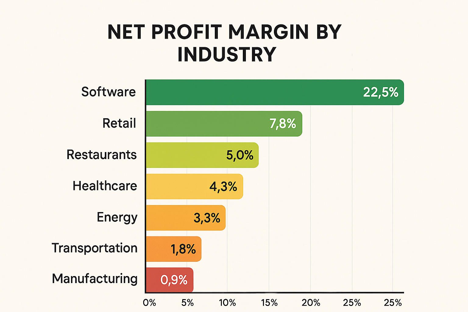 Visual chart in 1024x1024 square format displaying "Net Profit Margin by Industry." Horizontal bar chart showing different industries (Softw