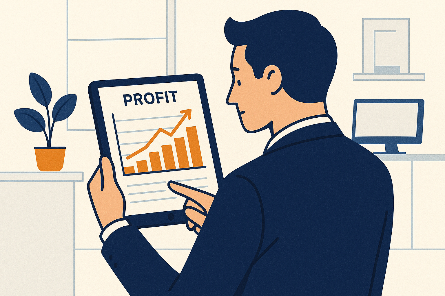 Conceptual illustration in 1024x1024 square format showing a business owner looking at a tablet displaying profit dashboard with upward tren