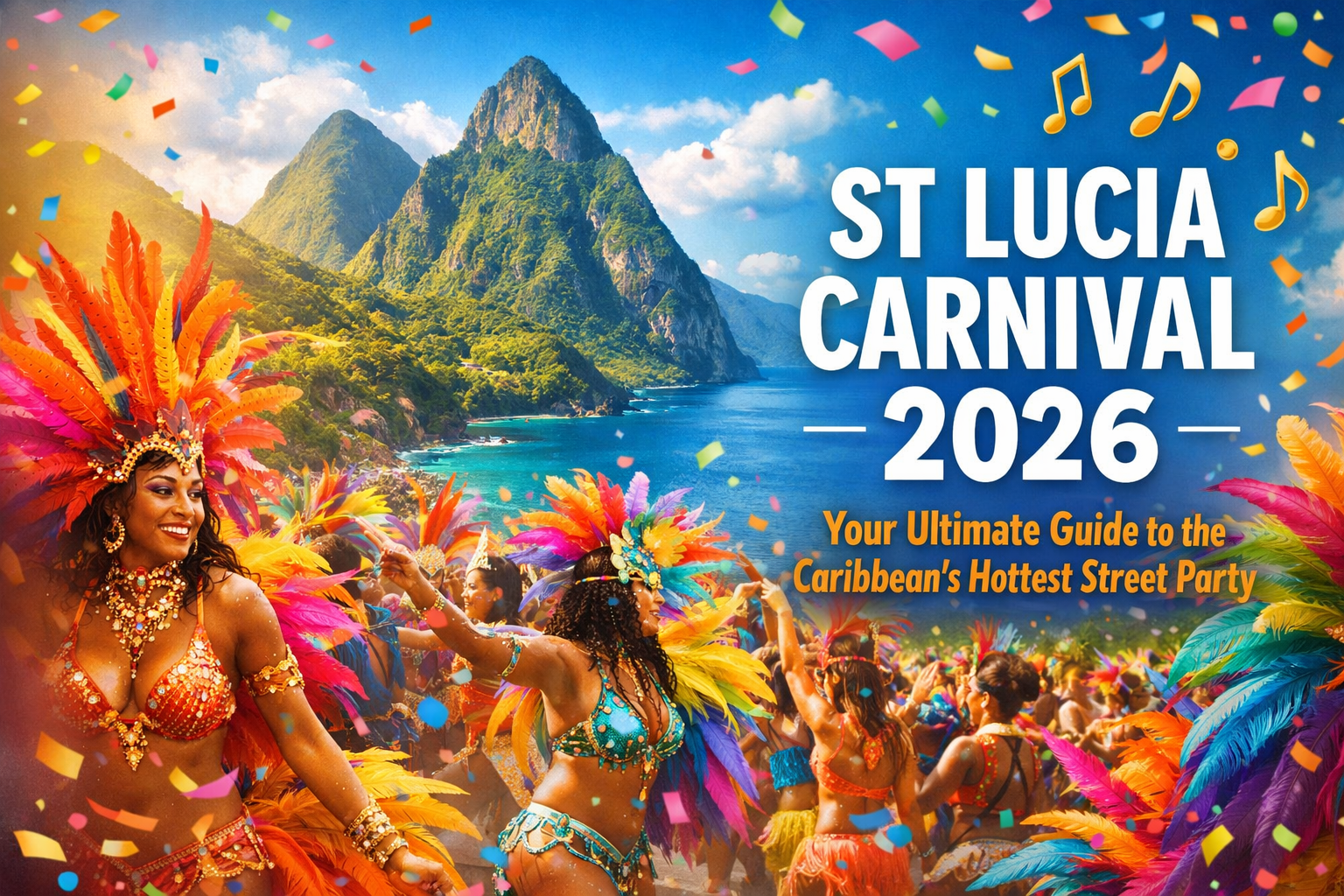 Create a stunning landscape cover image (1536x1024) featuring a vibrant St Lucia Carnival parade scene with colorful feathered costumes in t