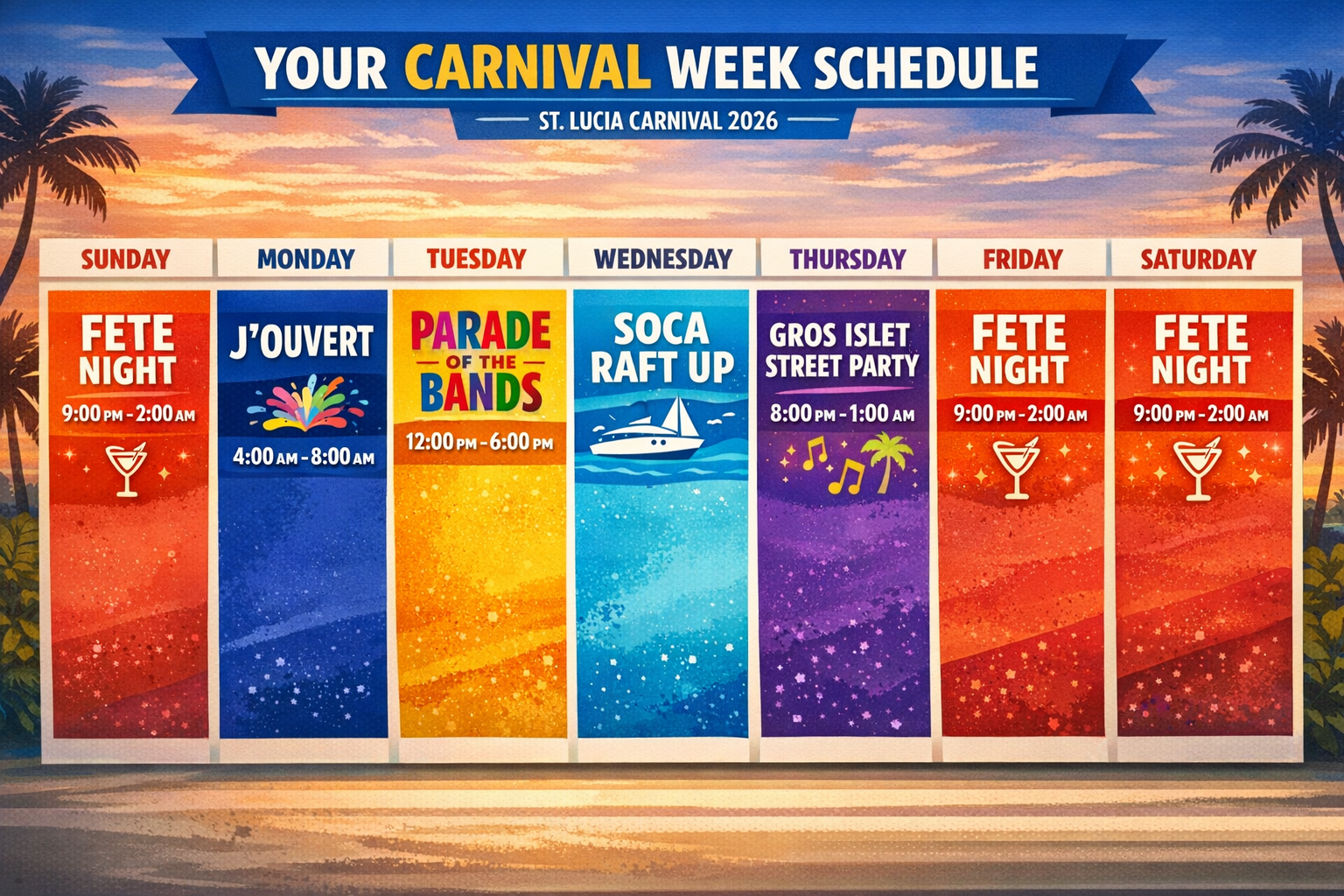 Create a landscape infographic (1536x1024) showing a visual timeline/calendar of St Lucia Carnival 2026 events. Display a weekly calendar la