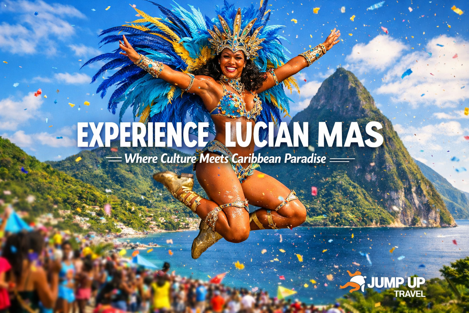 Create a square image (1024x1024) featuring a beautiful action shot concept of a carnival masquerader mid-jump during the parade, wearing an