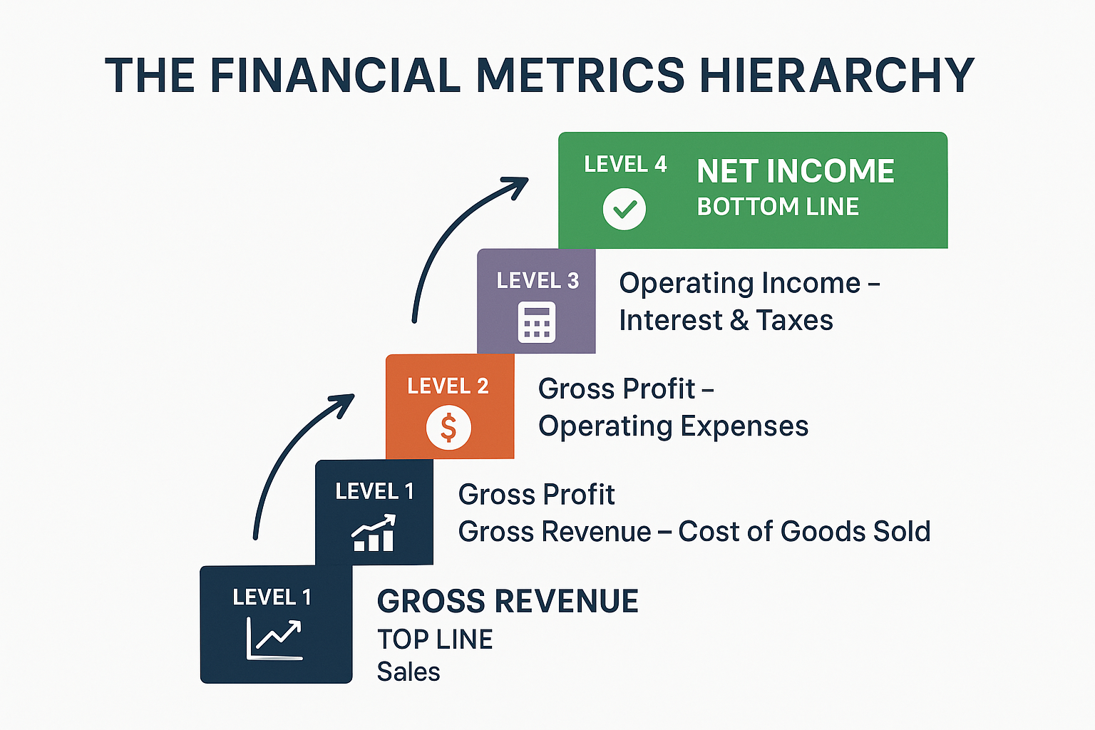 Infographic - Landscape 1536x1024 Clean infographic showing "The Financial Metrics Hierarchy" with four levels displayed as ascending steps 