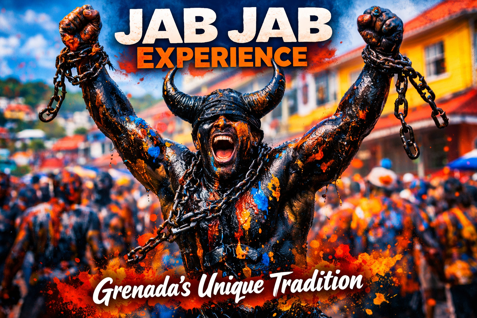 Create a vibrant square image (1024x1024) showing a close-up of a Jab Jab participant covered in bright paint and oil, with horns and chains