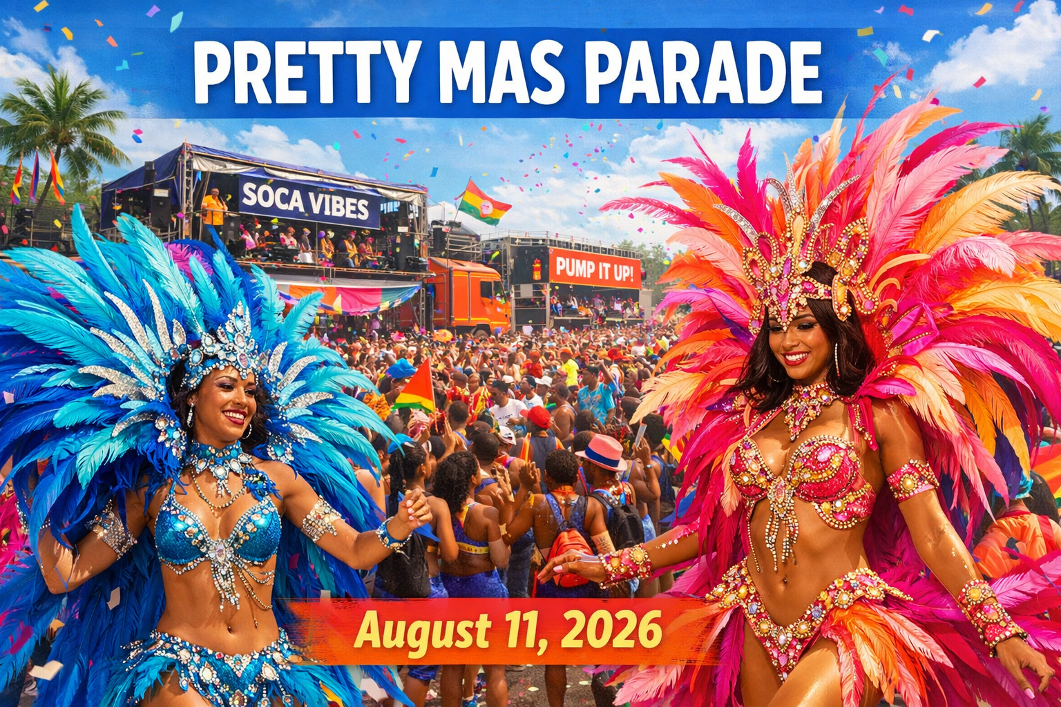 Create a beautiful square image (1024x1024) showing the Tuesday Pretty Mas parade with elaborate feathered costumes in the foreground, soca 