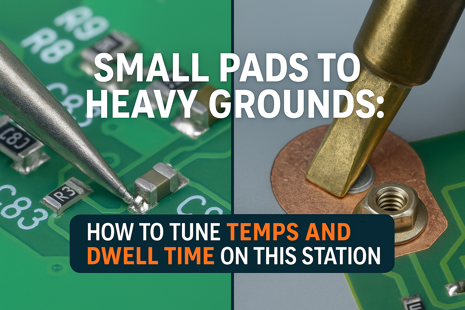 Create a professional cover image in 1536x1024 landscape format showing a split-screen view of soldering applications. On the left side, sho